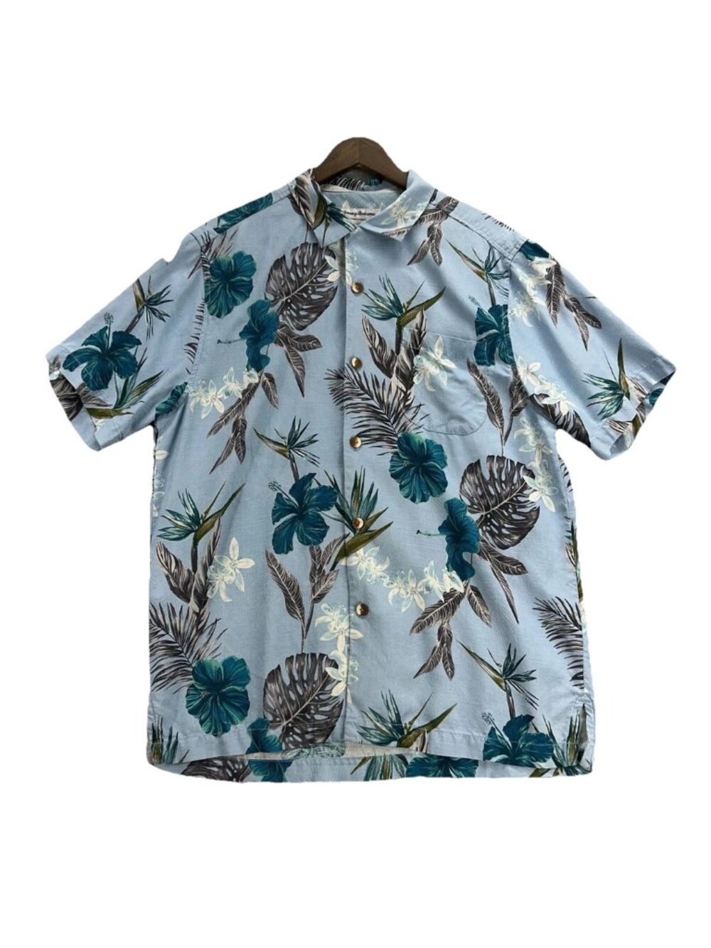 Tommy Bahama Silk Shirt Mens M Leaves Floral Hawaiian Camp Collar Blue